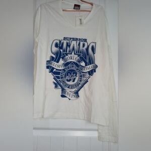 White Long Sleeve Shirt with Blue Graphic